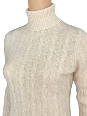 100% Cashmere Turtleneck Cable Knit Sweater Cream Ivory Grace Cashmere Size M